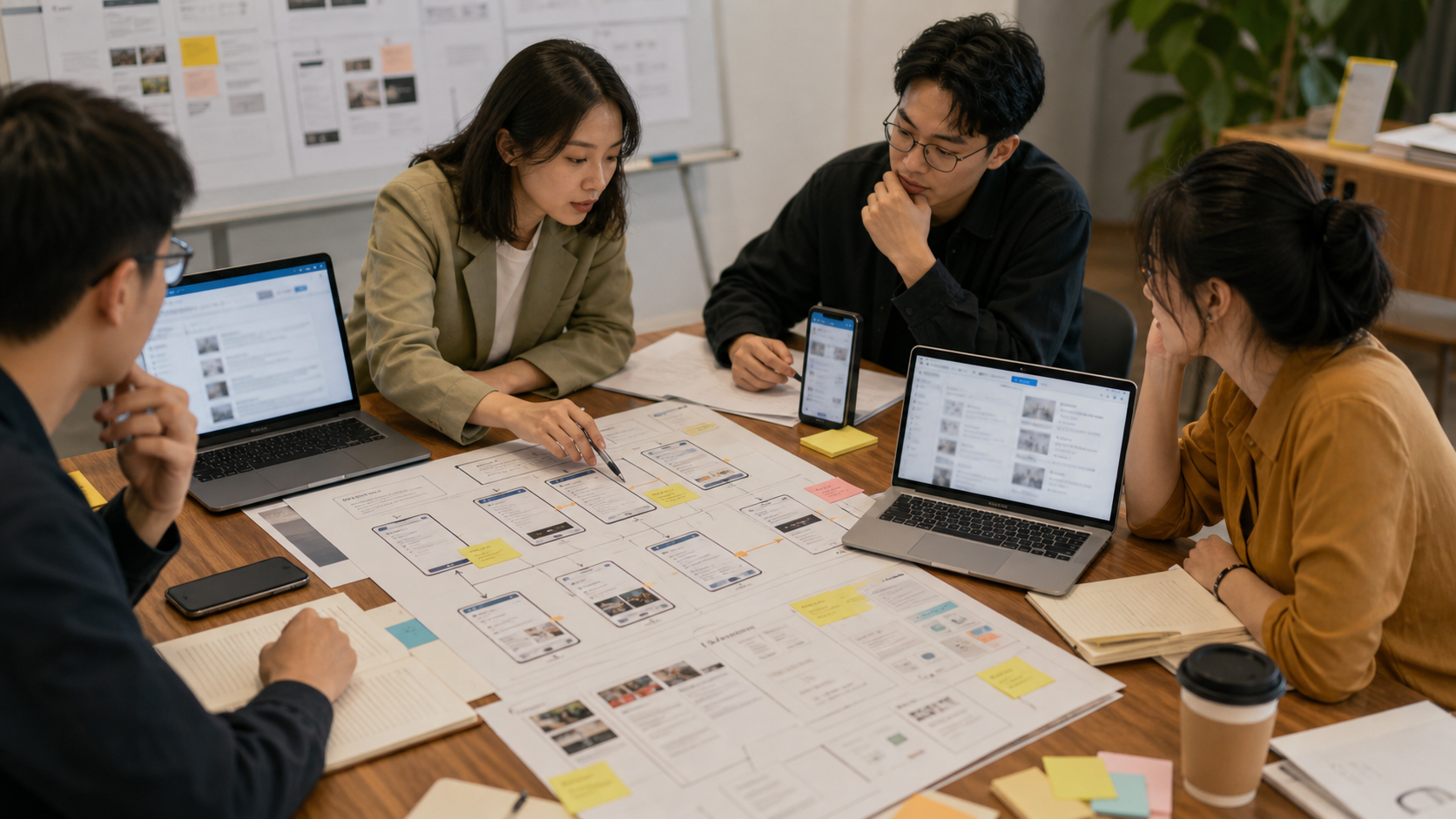 内容团队围绕网页与移动入口流程图复核 AI 触点的纪实商务摄影