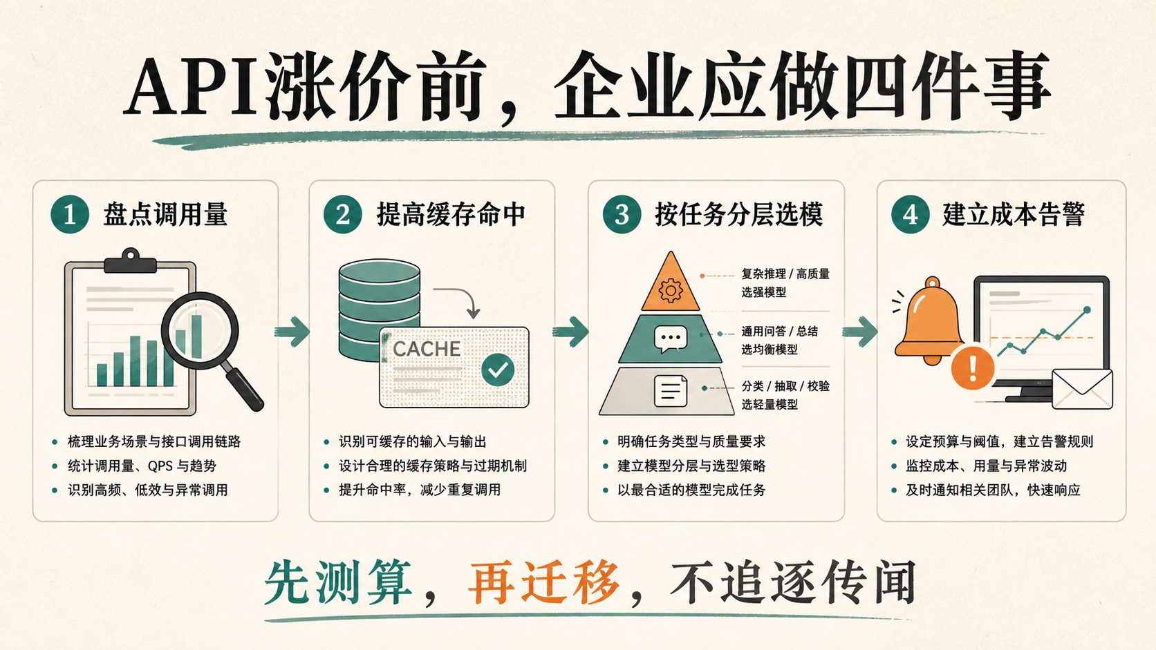 信息图展示企业应对API涨价的四项措施：盘点调用量、提高缓存命中、任务分层选模和建立成本告警。