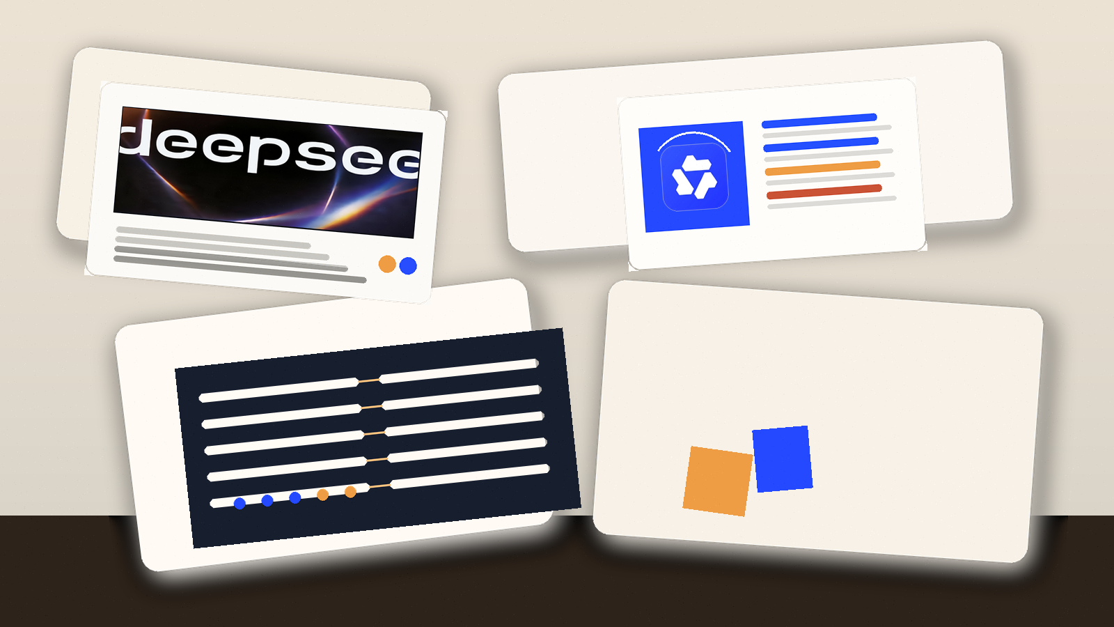 纸张质感拼贴板上放着 DeepSeek 与千问相关的品牌卡片、版本治理面板和企业评估便签,表现模型变化对企业管理的影响。