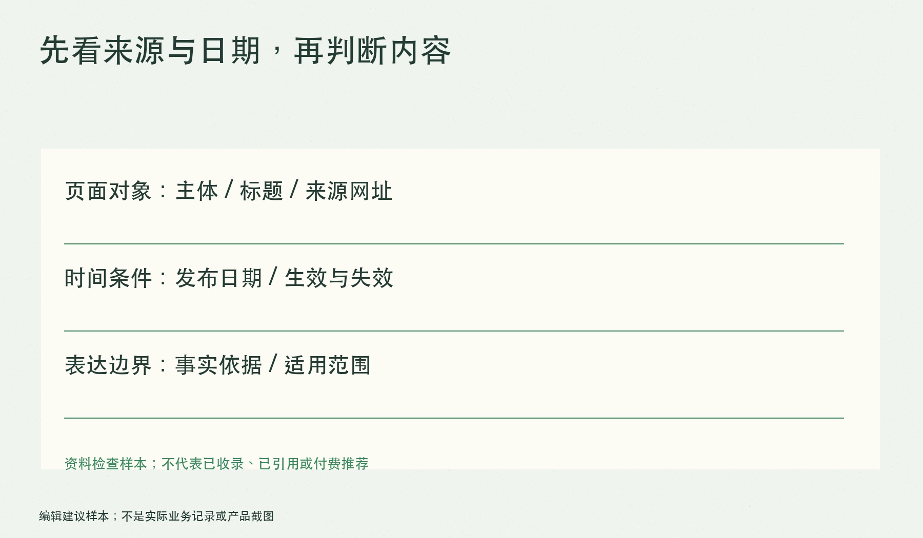 先看来源与日期,再判断内容:页面对象:主体 / 标题 / 来源网址;时间条件:发布日期 / 生效与失效;表达边界:事实依据 / 适用范围