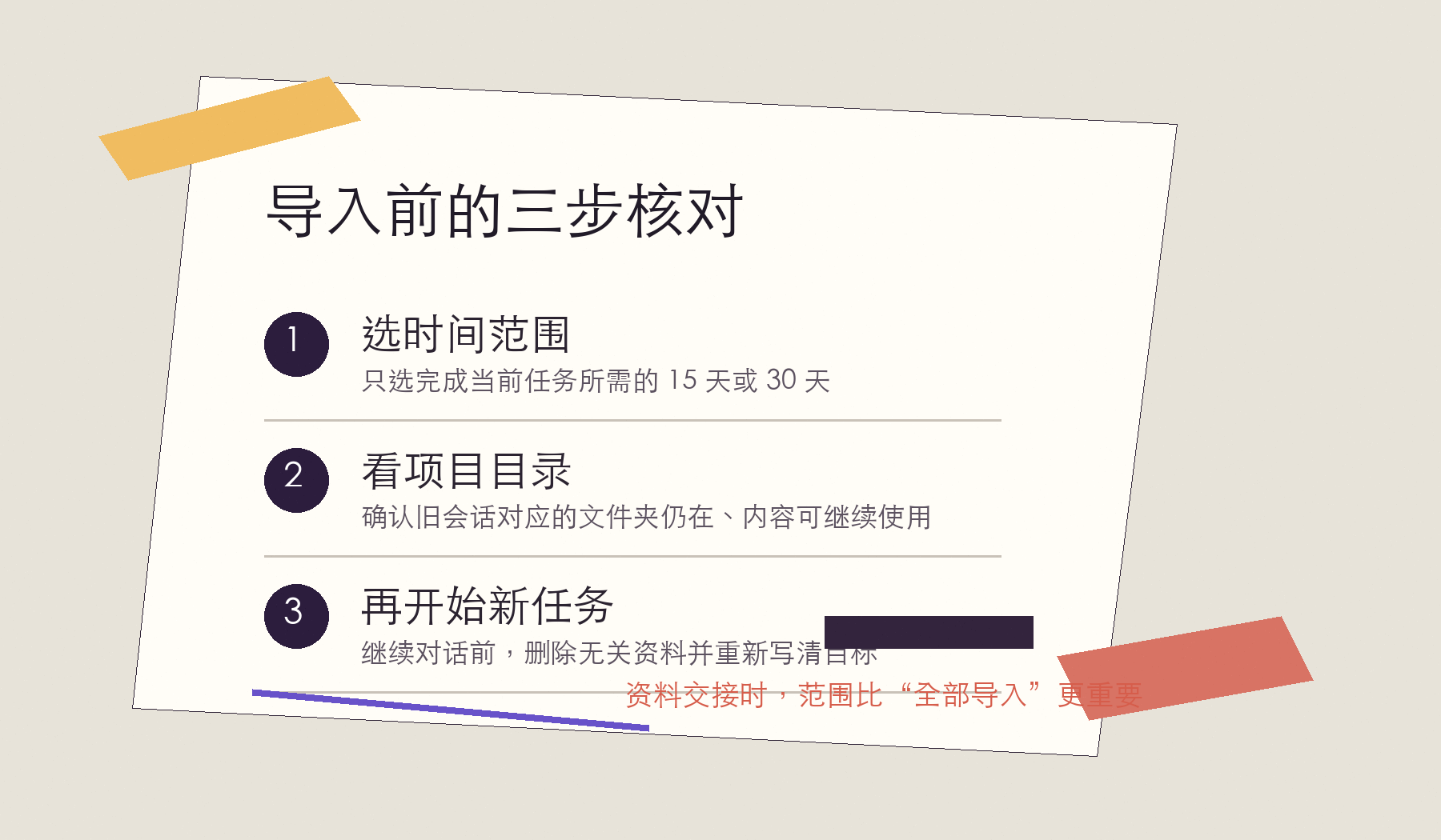 会话导入前三步核对清单:选时间范围、看项目目录、重新写清当前任务